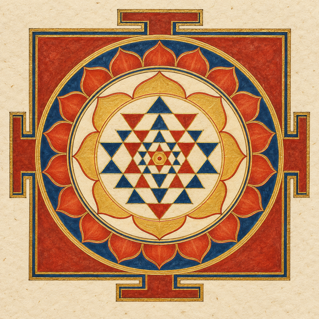A complete Sri Chakra with a four-gated square enclosure, concentric lotus petals, interlocking triangles, and a central point.