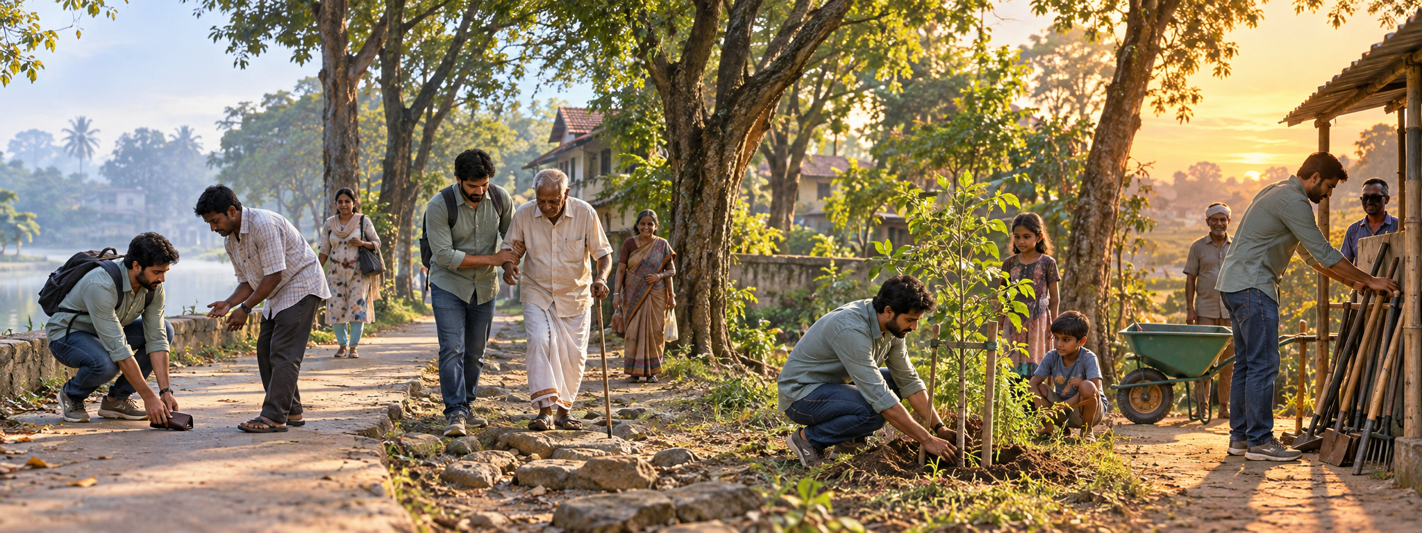 One person is shown along a continuous tree-lined path returning property, helping an elder, tending a sapling, and putting away work tools.