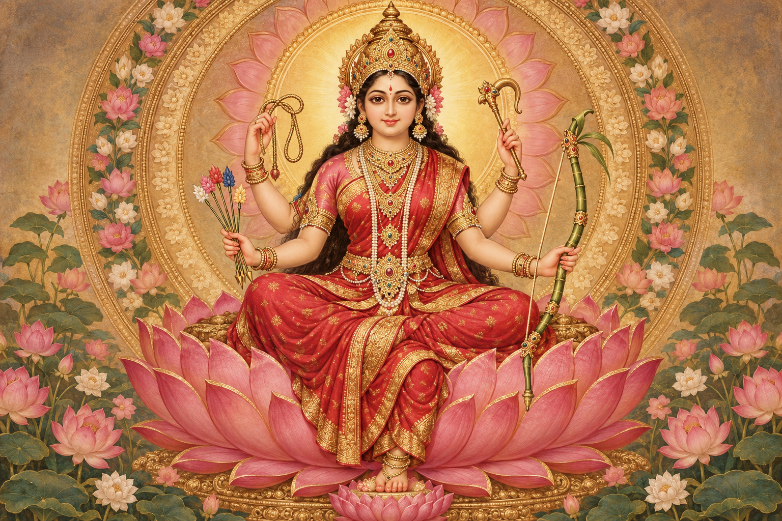 A four-armed Lalita Tripurasundari seated on a lotus throne, holding a sugarcane bow, flower arrows, a noose, and a goad.