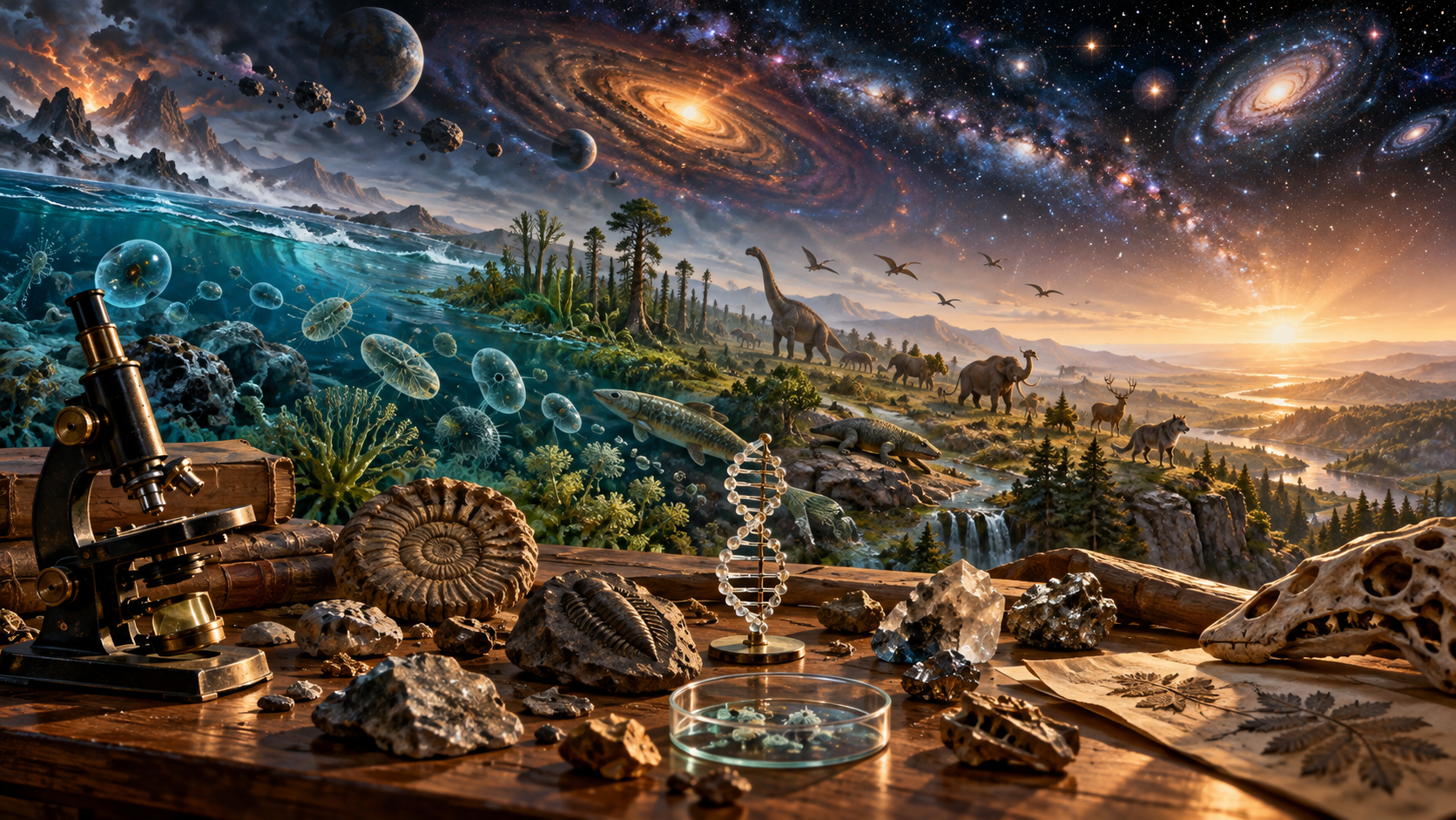 Fossils, a microscope, mineral fragments, and a DNA model sit before an ocean, living organisms, and a star-filled cosmos.