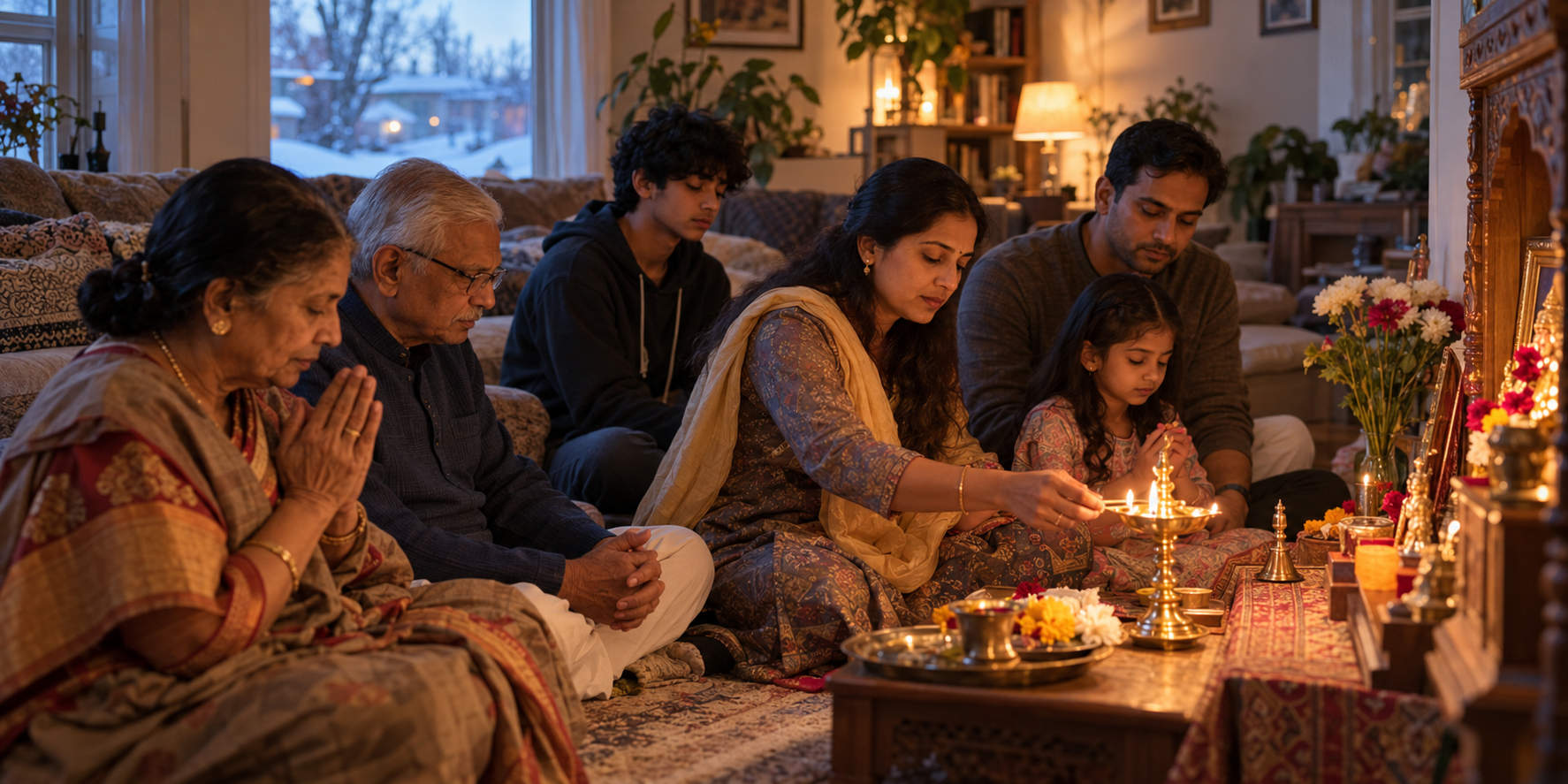 A multigenerational Indian family prays together beside a small home shrine while snow is visible outside the window.