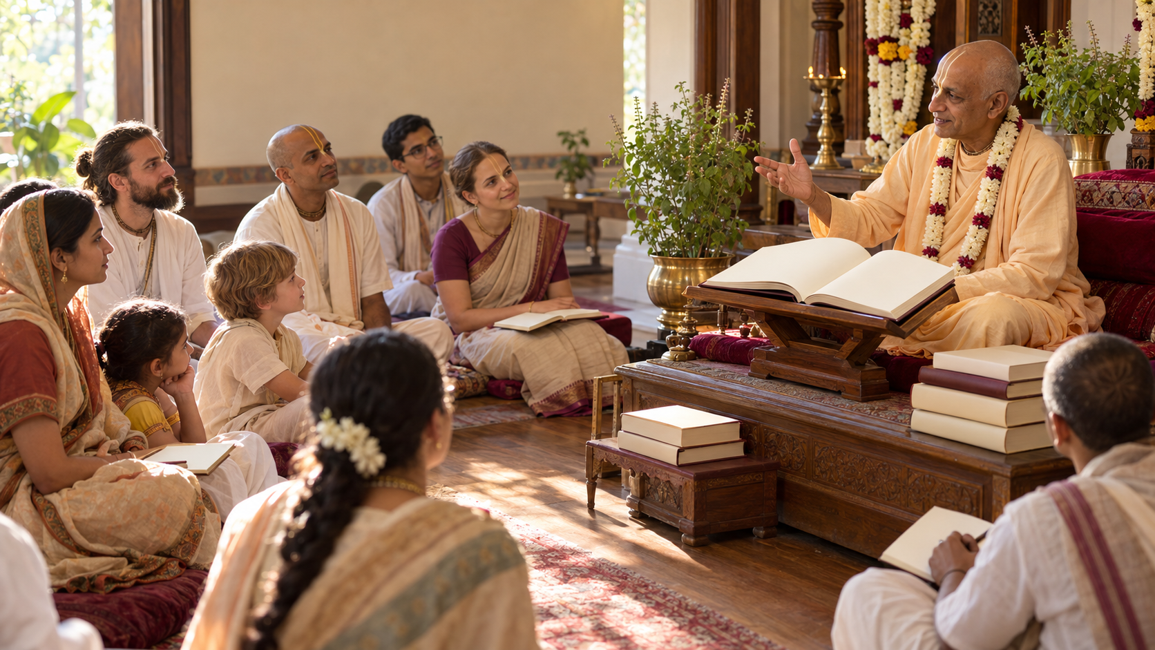 An intergenerational group of Vaishnava practitioners listens to a scripture class around an open book in a sunlit temple hall.