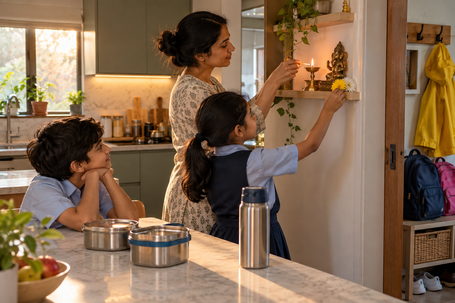 A parent and two children light a small oil lamp in their kitchen before leaving for school.