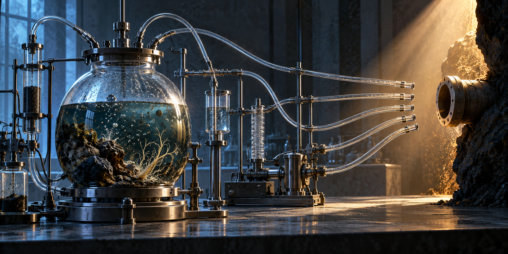 A laboratory vessel of mineral-rich water is connected to instruments whose pathways end at an unexplained inlet in shadow.