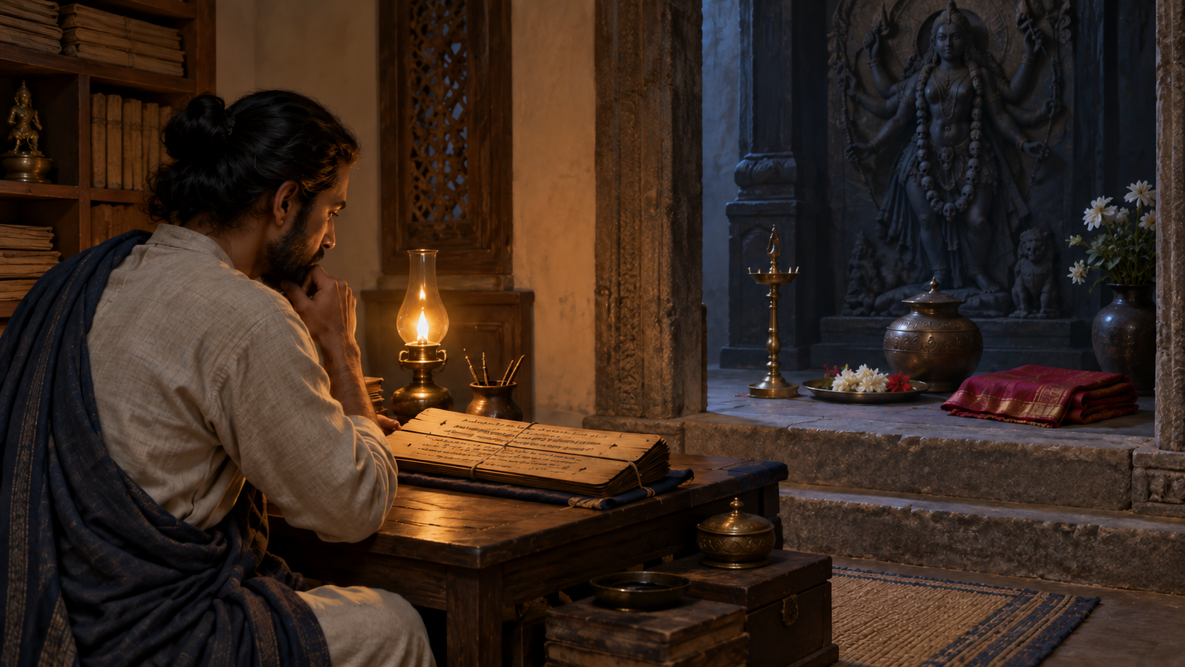 A reader studies a palm-leaf manuscript at a lamp-lit desk while ritual objects remain arranged beyond a stone threshold.