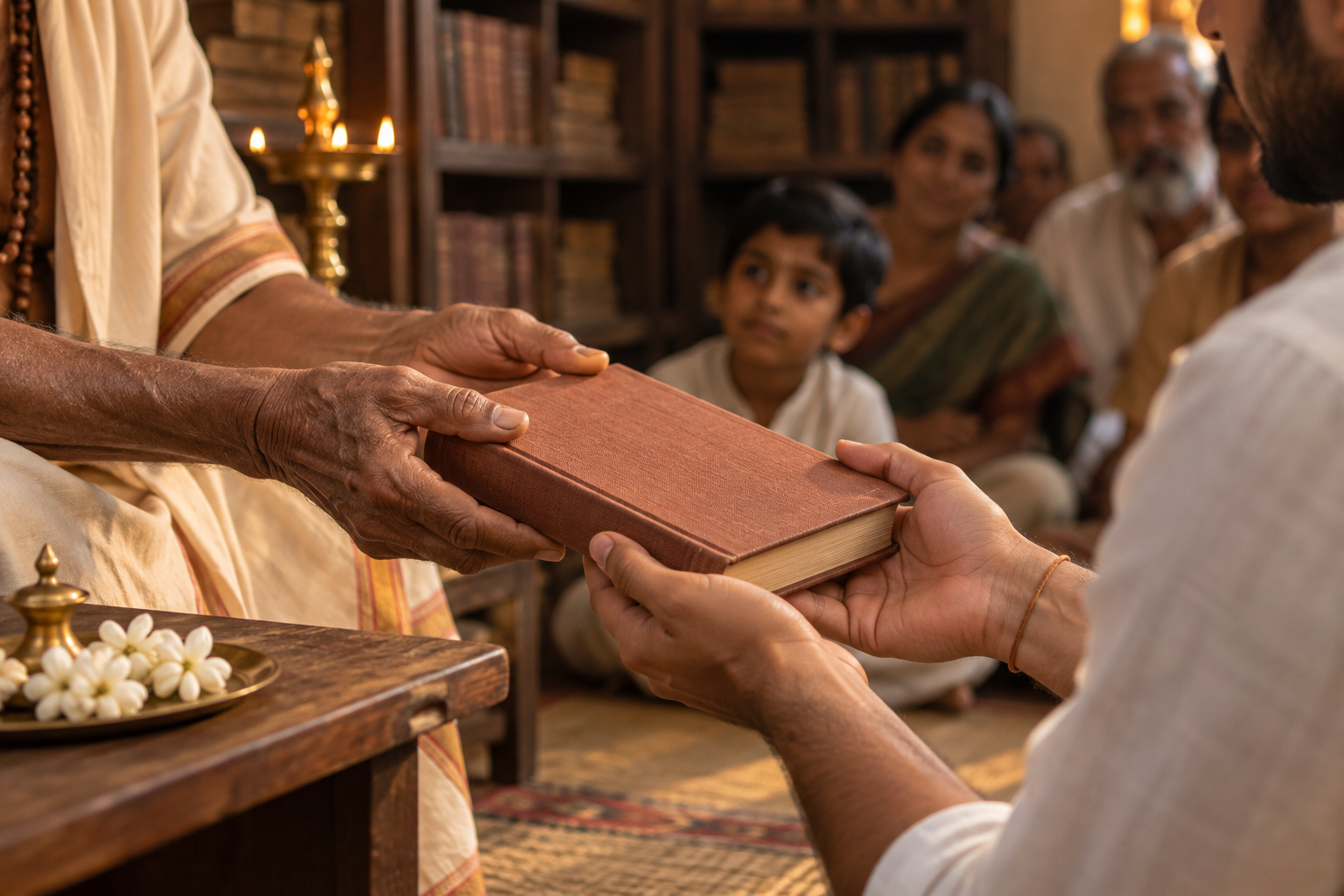 Older hands pass a plain clothbound scripture to younger hands in a softly lit temple library.