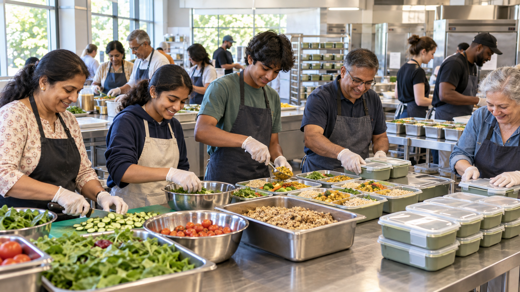 Indian diaspora adults and teenagers prepare vegetarian meal boxes with neighbours in a community centre kitchen.
