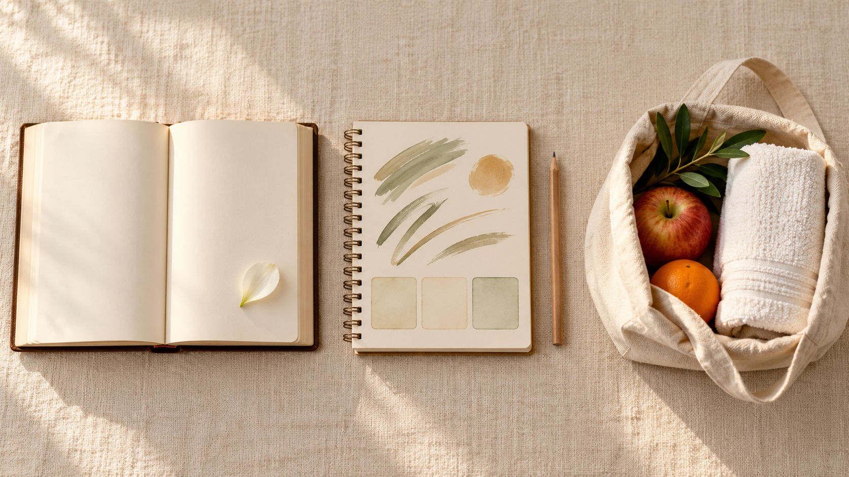 An open scripture, a notebook and pencil, and a small service bag with fruit and a towel are arranged in three separate groups.