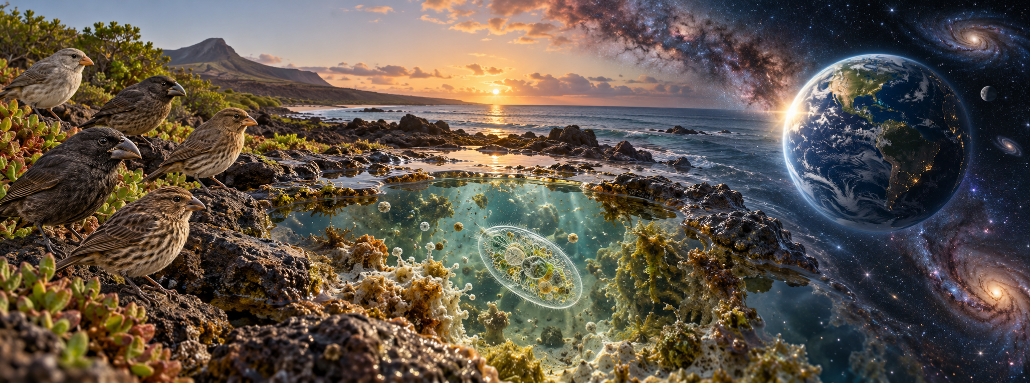 Related bird-like animals, a single cell in a shoreline pool, and Earth in space appear in three connected scenes.