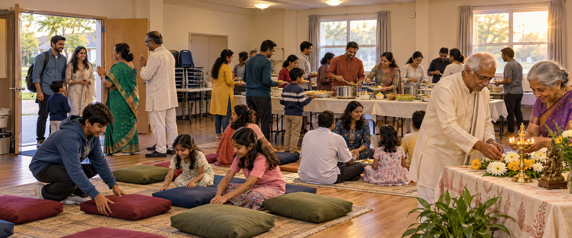 Families of several generations prepare food, arrange flowers, and welcome newcomers in a community hall.