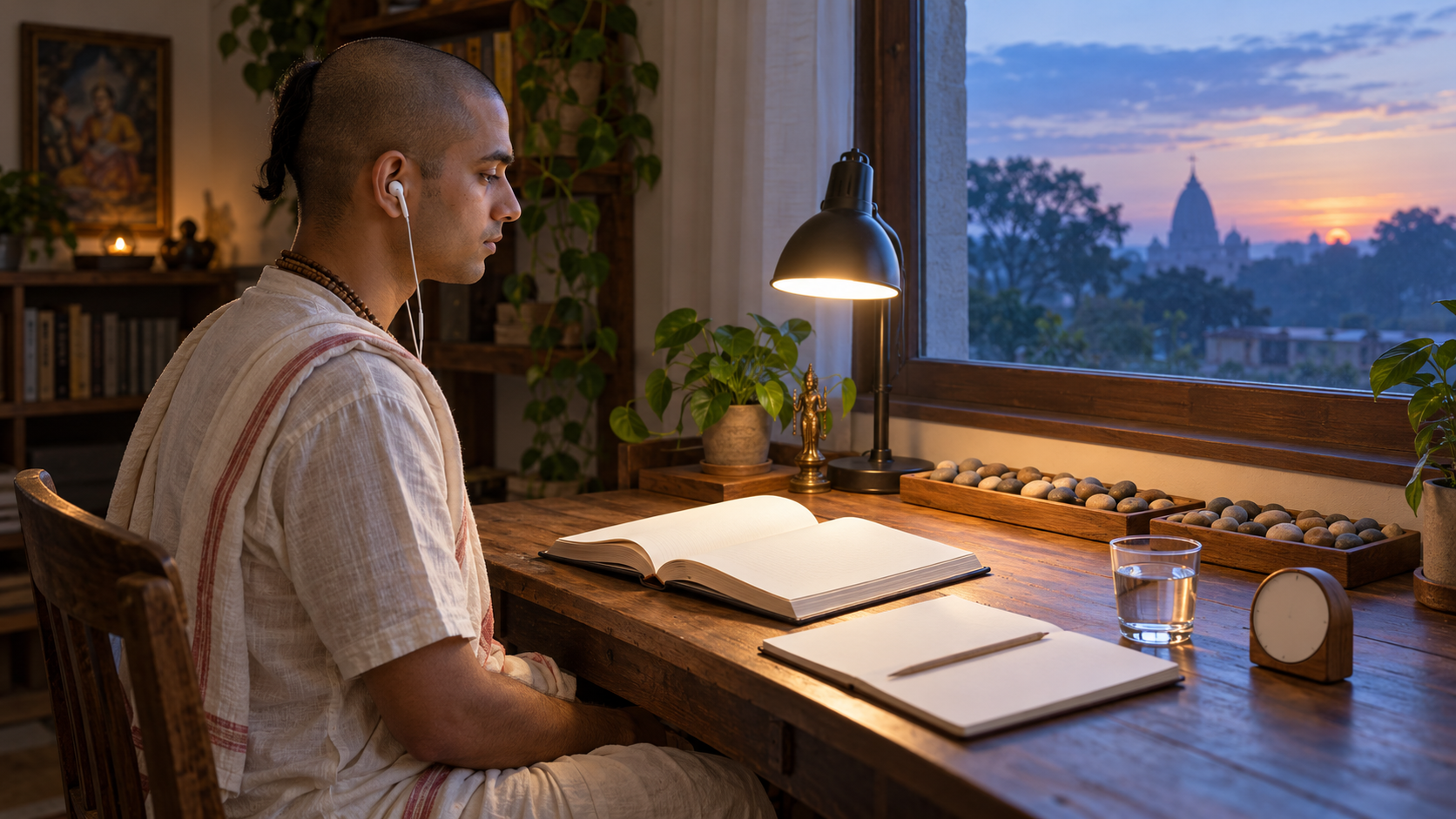 A practitioner studies an open scripture at dawn beside a notebook, a timer, and trays of small progress stones.