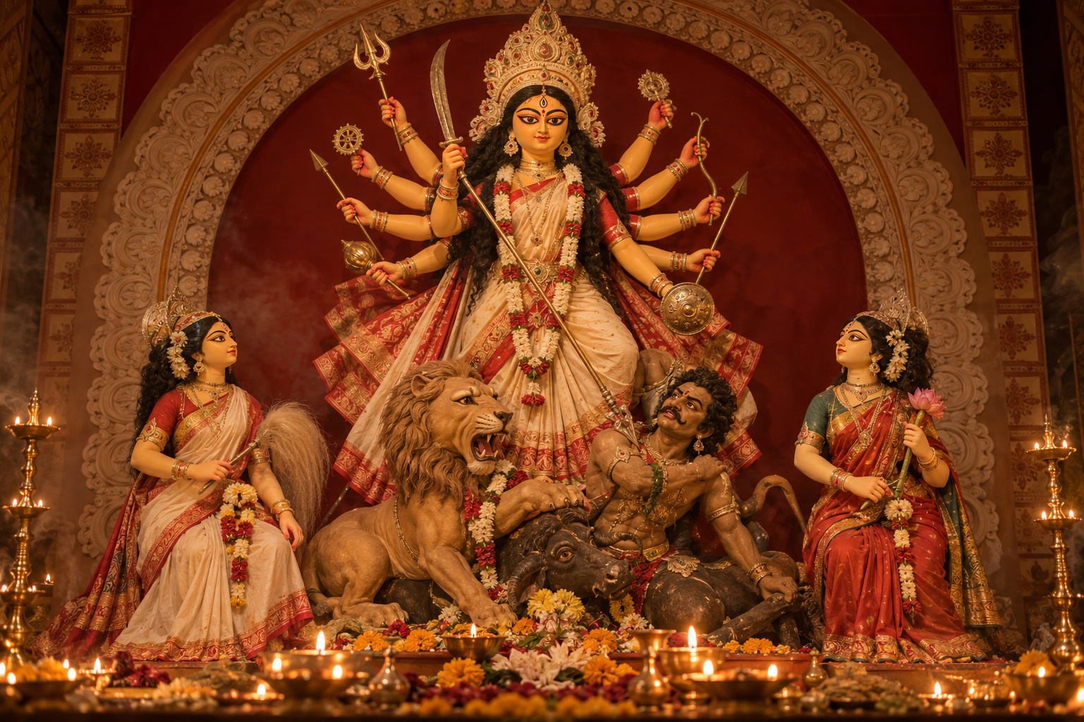 Traditional Bengali Durga Puja tableau with ten-armed Durga at the centre and two smaller female attendants positioned on opposite sides of the lower platform.