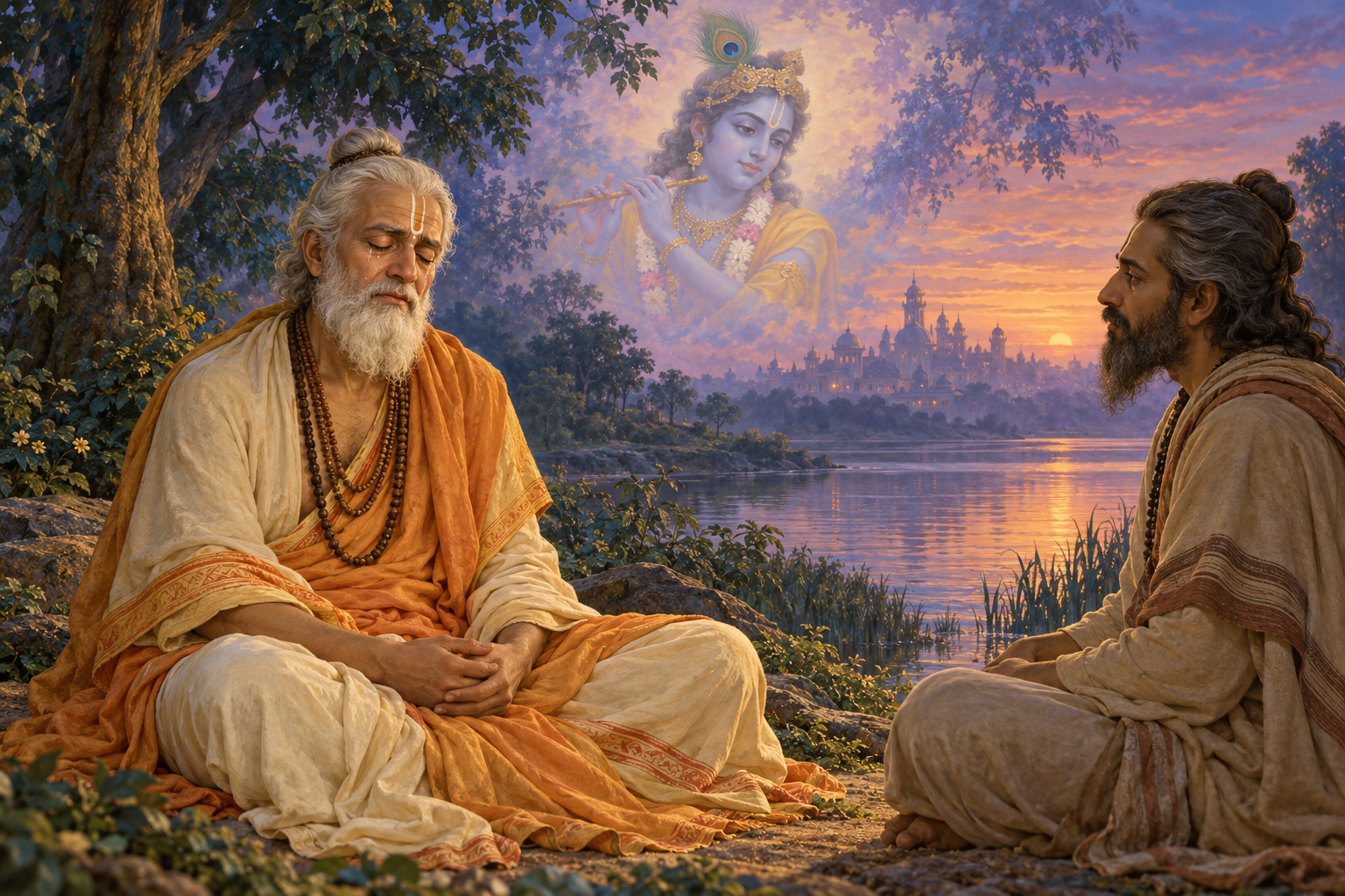 Uddhava sits silently with tearful closed eyes beside a river while Vidura listens and a luminous memory of Krishna appears in the twilight mist.