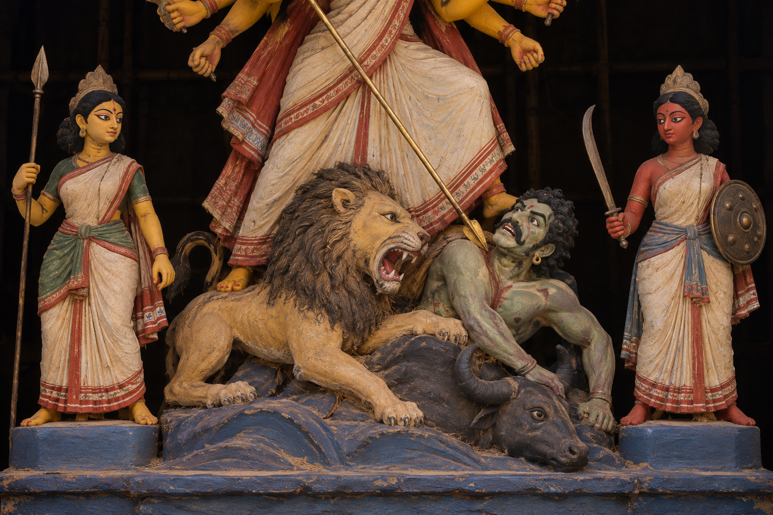 Close view of two small female clay attendants on opposite sides of the lower platform beneath Durga, one painted yellow and the other red.