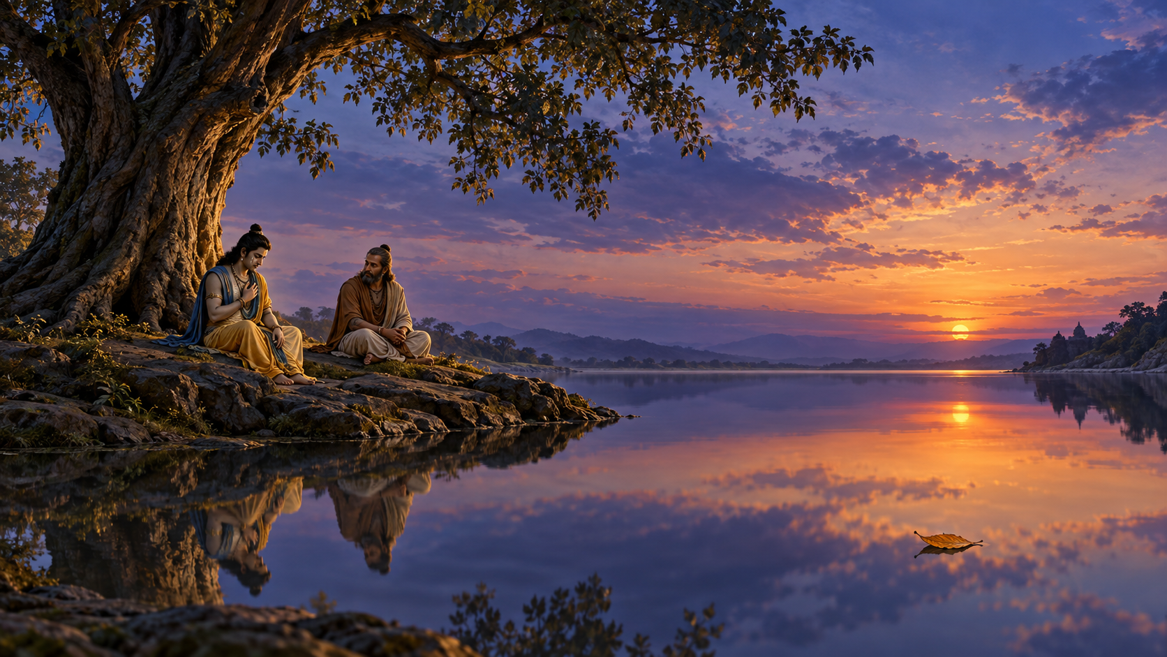 Uddhava pauses with his hand near his heart as Vidura waits quietly beneath a tree beside still water at twilight.