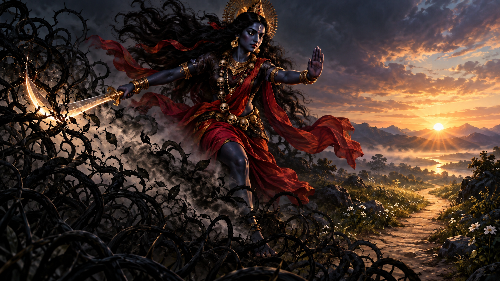 Kali uses a shining curved blade to cut tangled dark vines, revealing a clear path toward a bright sunrise.