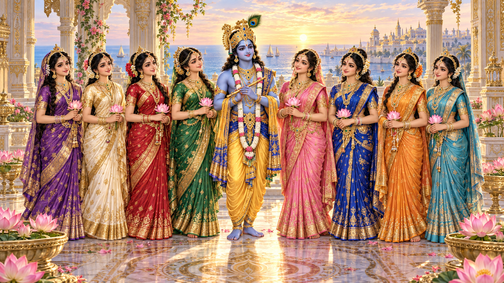 Krishna stands in a palace courtyard surrounded by exactly eight richly dressed royal queens in a balanced semicircle.