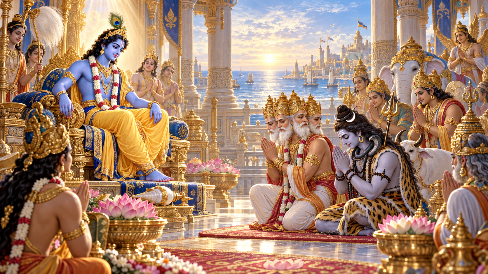 Krishna receives Brahma, Shiva, and other celestial rulers as they bow with joined palms in a royal hall in Dvaraka.