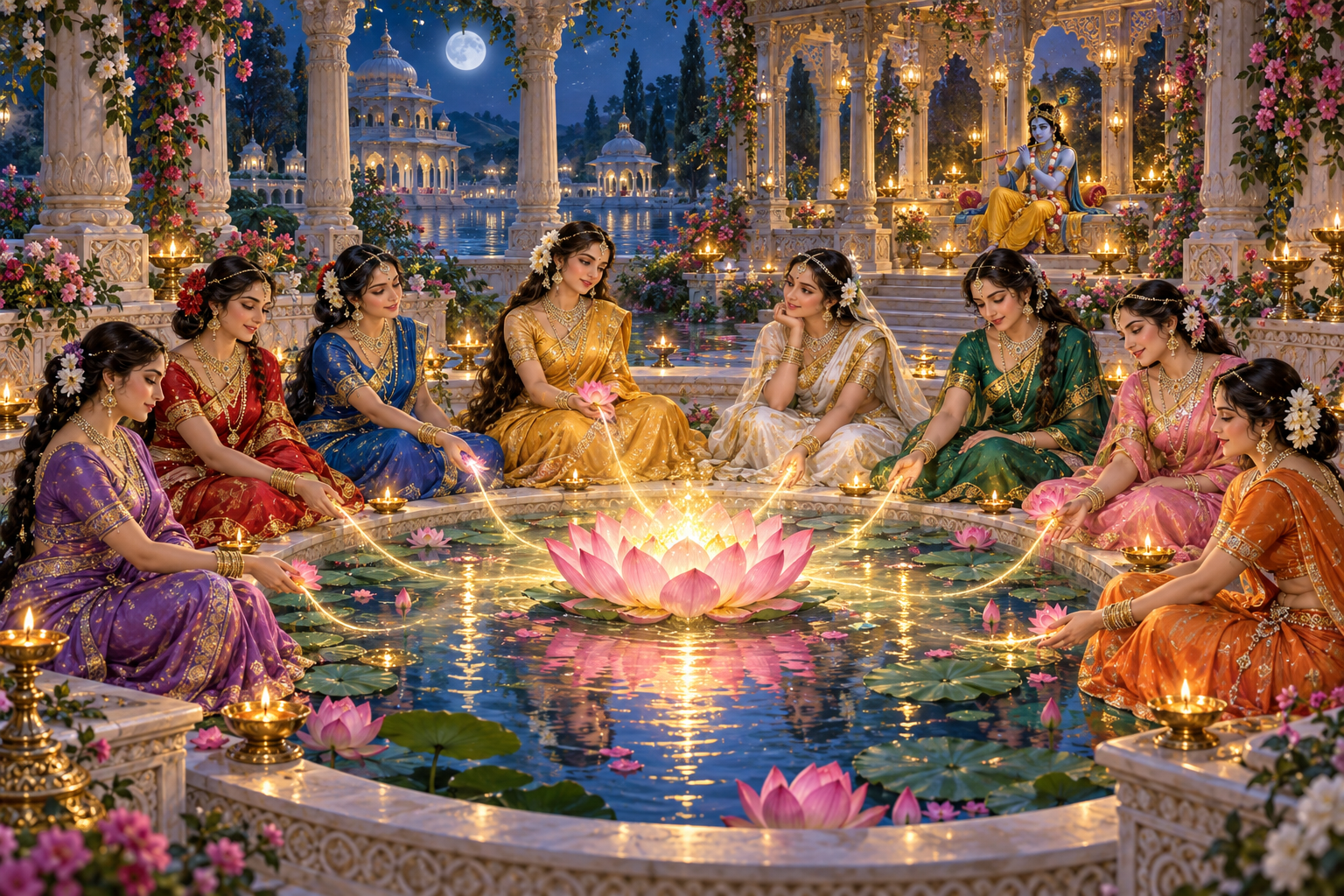 Eight royal queens sit around one glowing lotus pool while Krishna stands beneath a pavilion in the background.