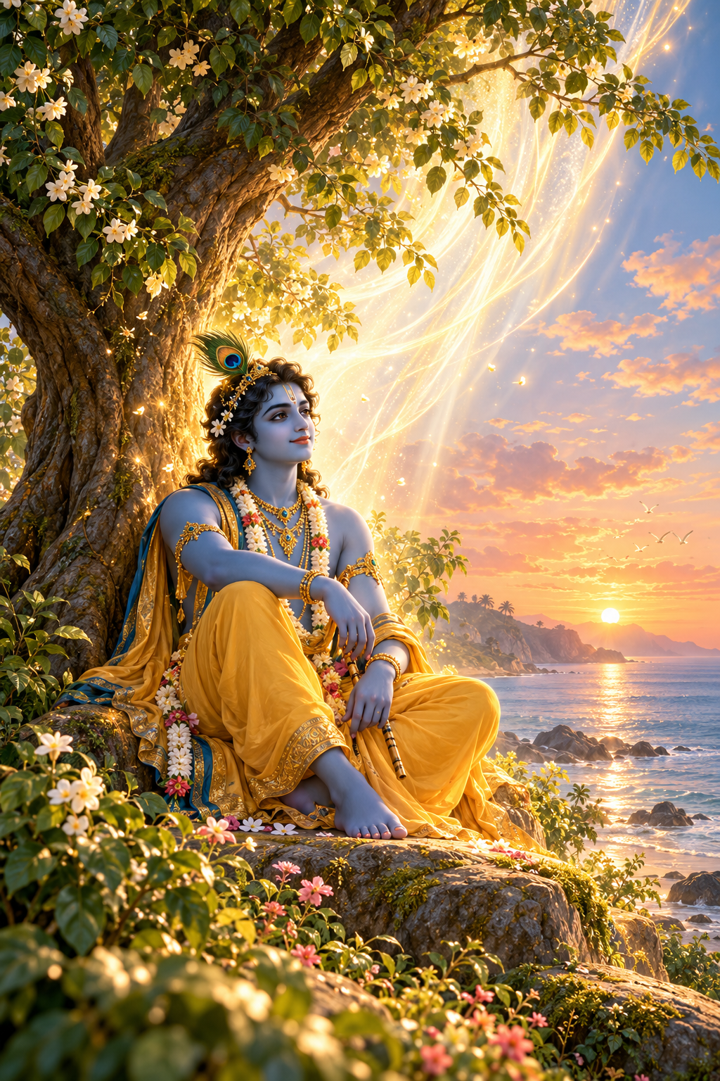 Krishna sits peacefully beneath a tree as golden light rises around him into the dawn sky and reflects across the surrounding landscape.