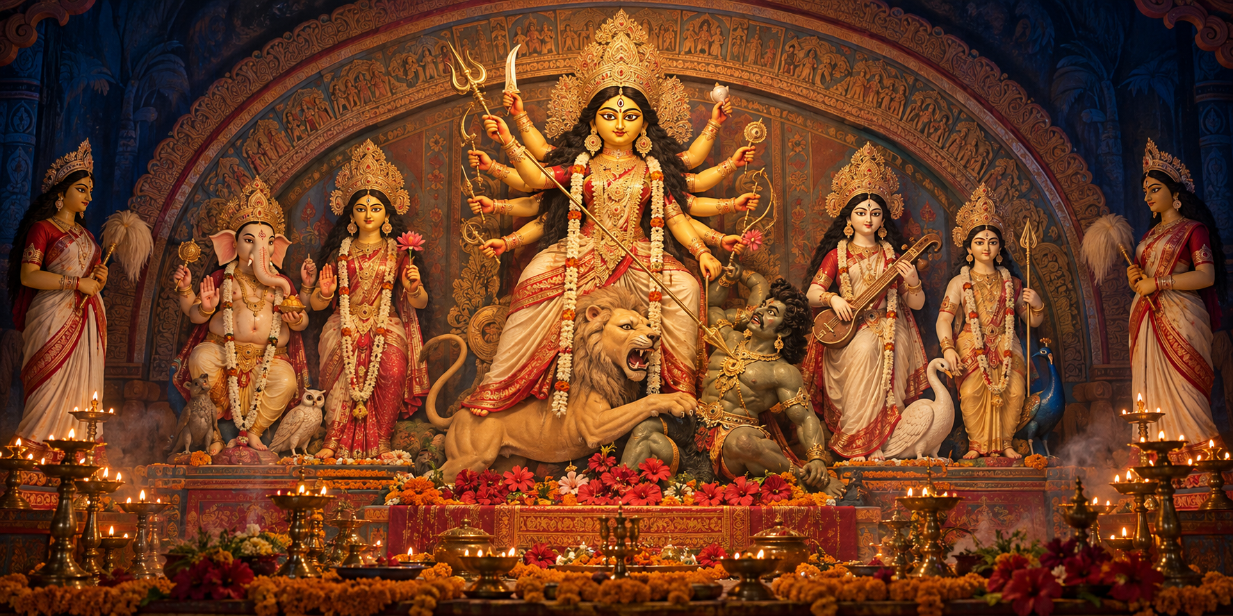 Durga stands illuminated at the centre of a clay tableau while two female attendants hold alert positions at its outer edges.
