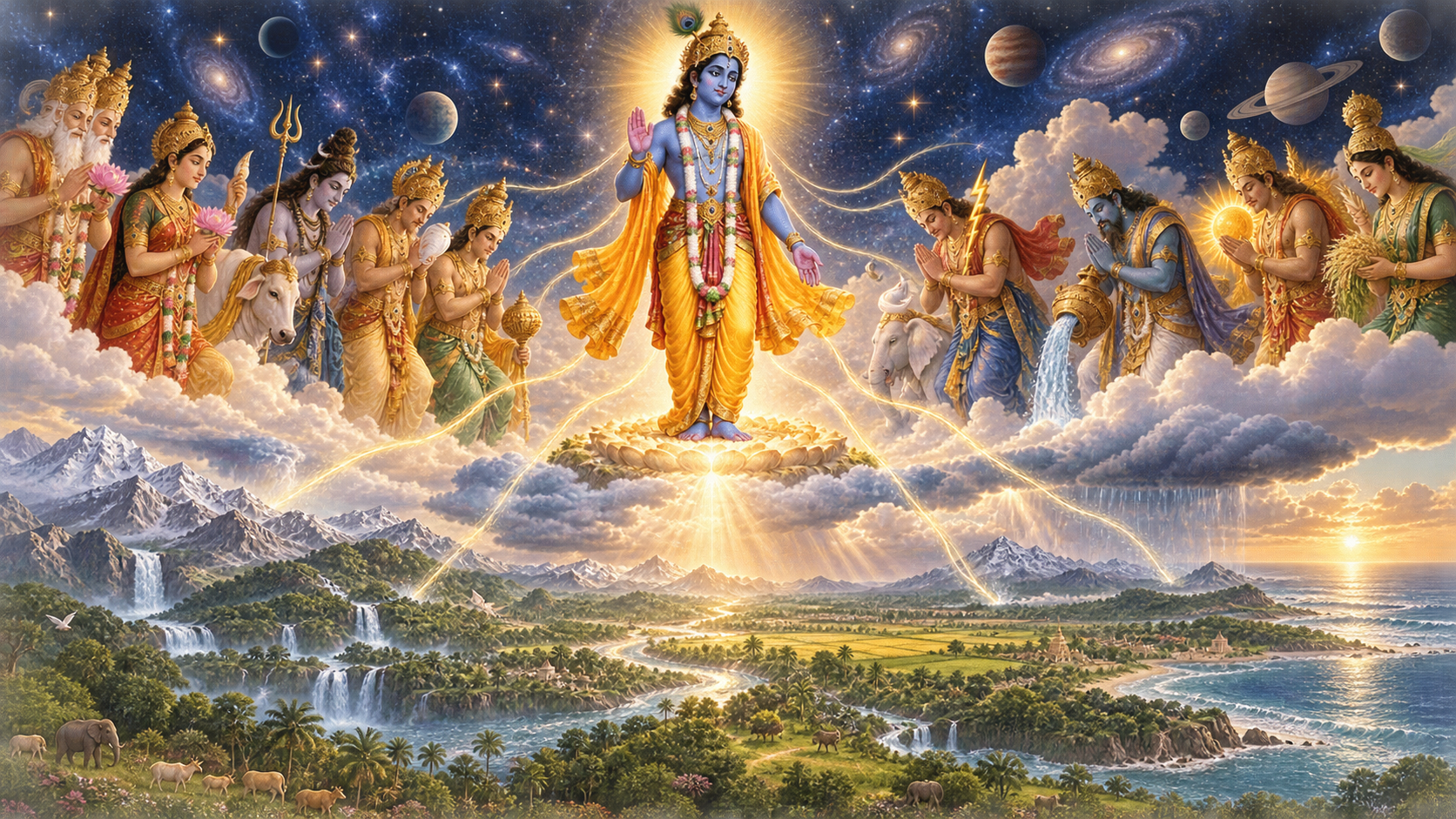 Krishna stands at the center while celestial rulers bow around him above layered images of the natural world.