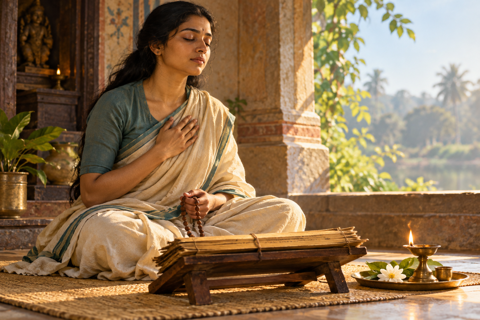 A seated reader pauses with closed eyes beside an open palm-leaf manuscript, prayer beads, an oil lamp, and a flower offering.