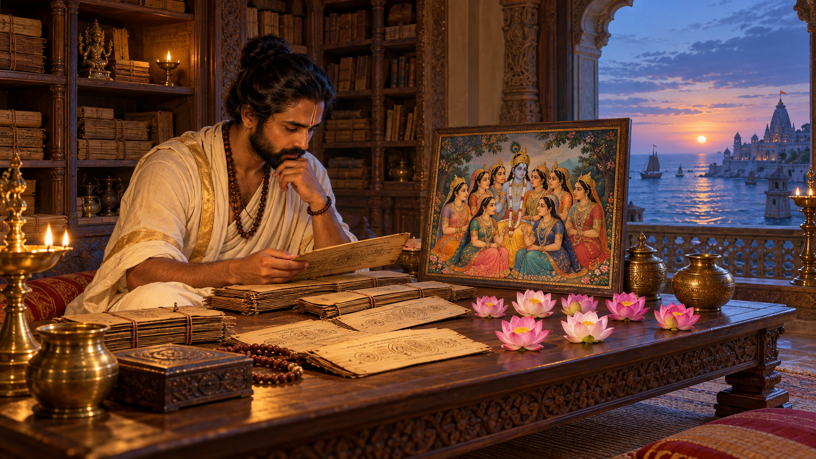 A reader studies palm-leaf manuscripts beside eight lotus blossoms and a small painting of Krishna with eight queens.