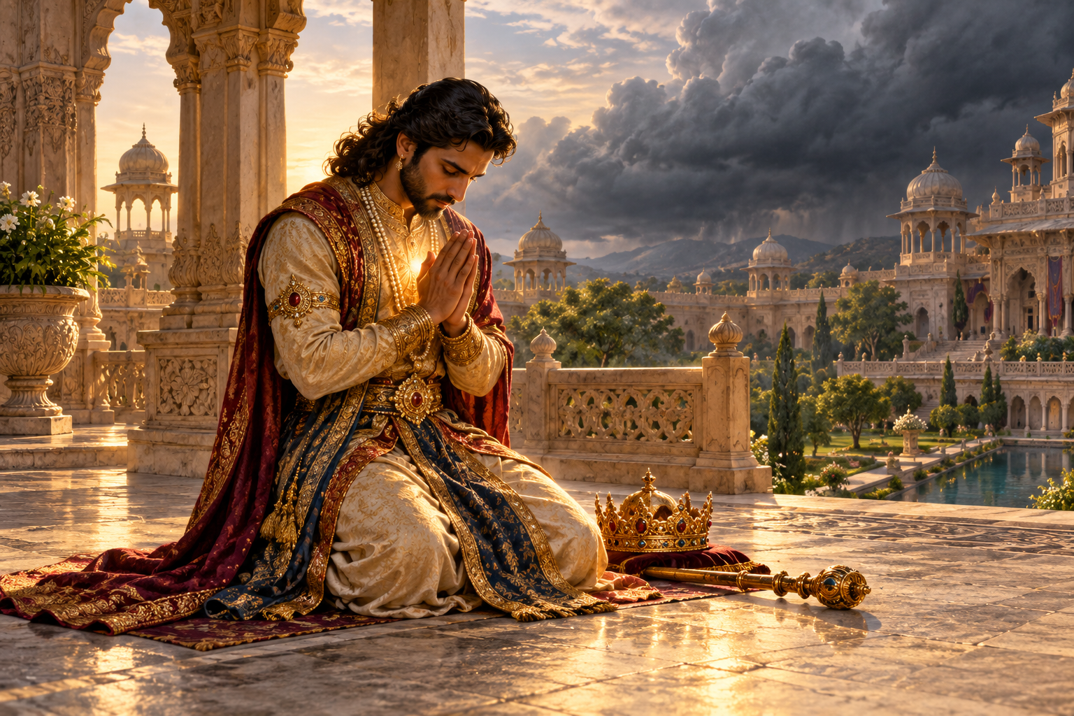 A celestial ruler kneels in prayer beside his set-aside crown and staff as a soft light illuminates his chest.