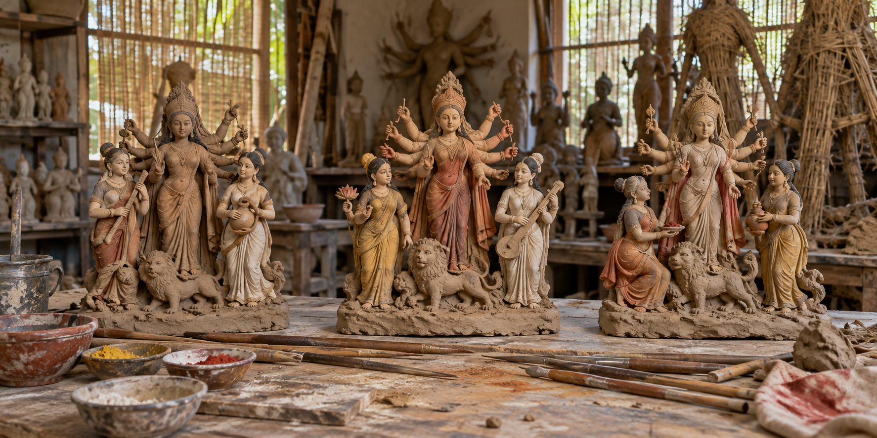 Three small clay Durga tableau studies in an idol-maker's workshop show paired female attendants with varying colors, attributes and positions.