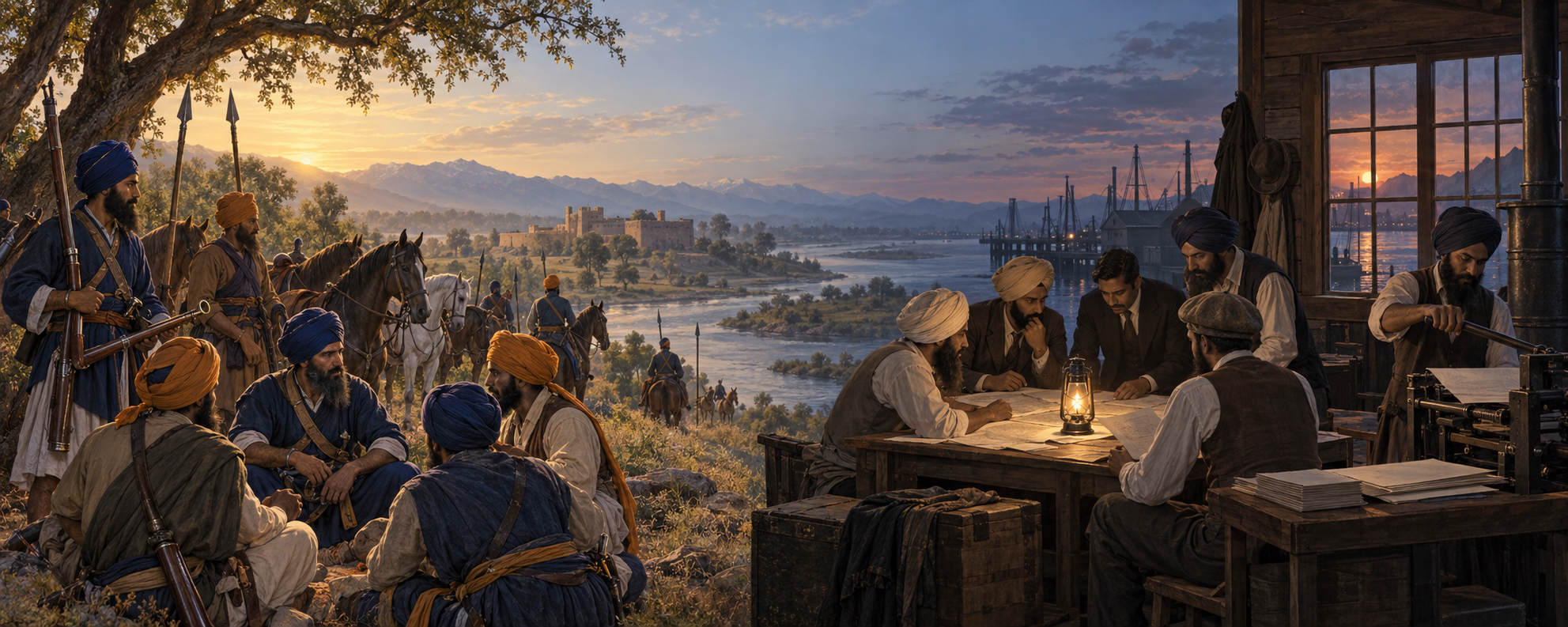 A split historical scene shows eighteenth-century Sikh cavalry gathering in rural Punjab and early twentieth-century Indian migrants organizing around a printing press overseas.