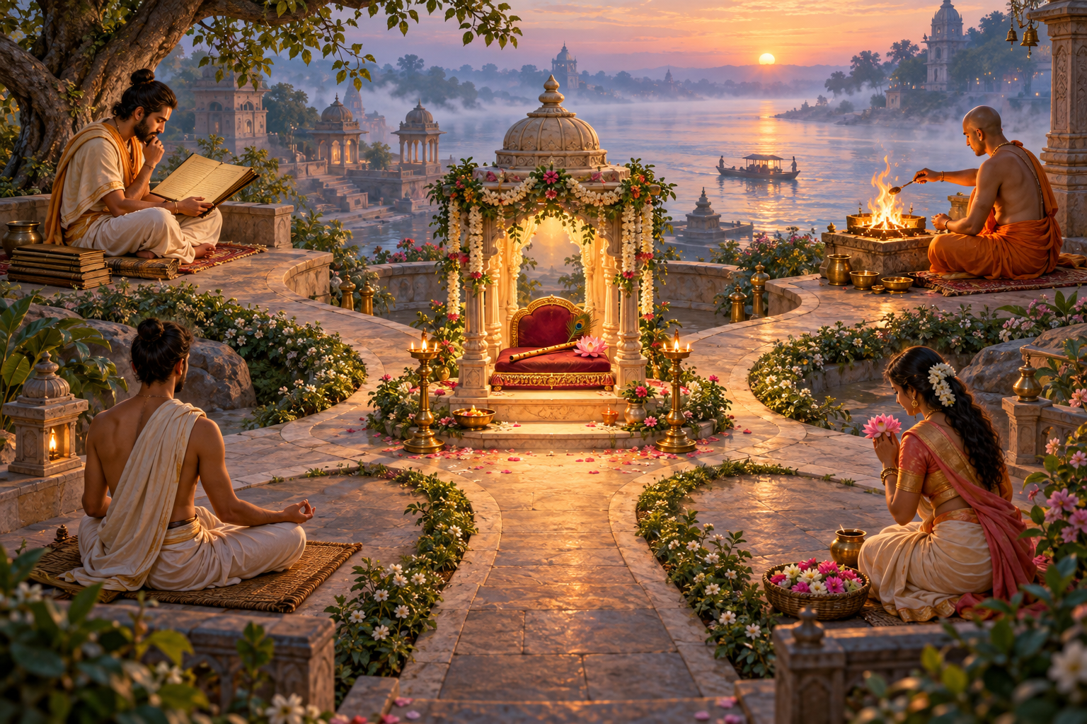 Four practitioners study, perform a fire offering, meditate, and offer flowers along paths converging on a radiant central shrine.