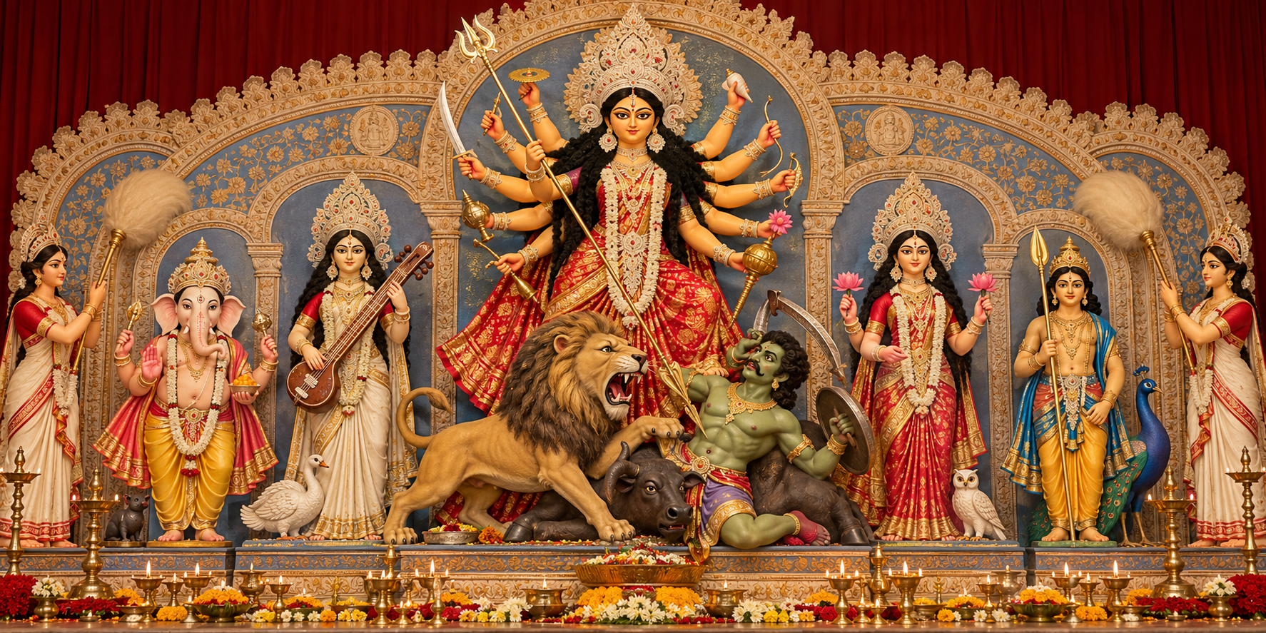 Wide frontal view of a Bengali Durga tableau showing the central goddess, lion and demon, secondary figures and two female attendants at the outer edges.