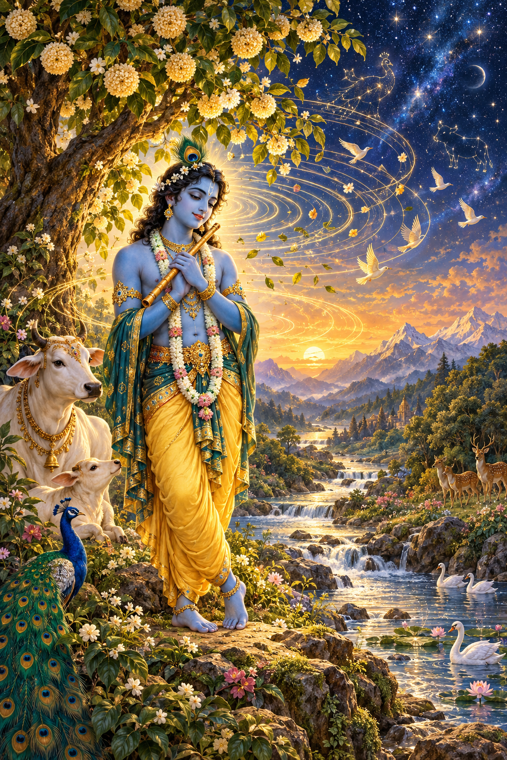 Krishna stands beneath a flowering tree with a flute as golden ripples extend through a river, forest, mountains, birds, and stars.