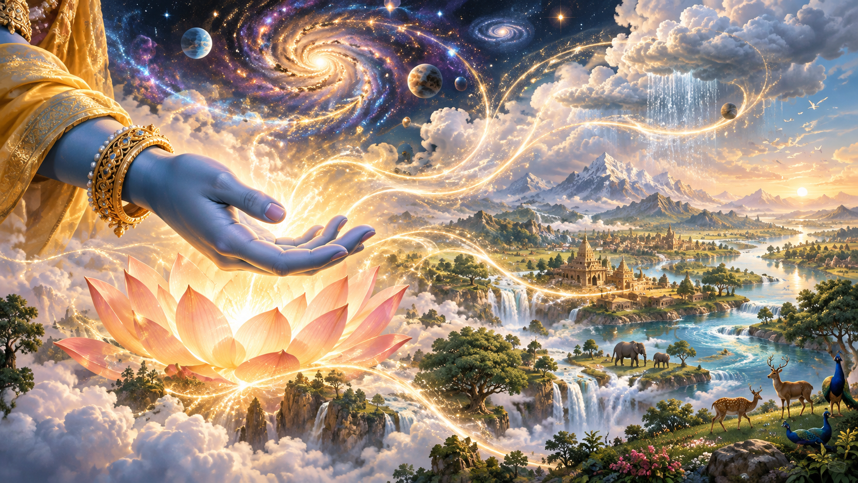 An open blue hand rests above a glowing lotus while stars, clouds, rivers, plants, animals, and settlements unfold around it.