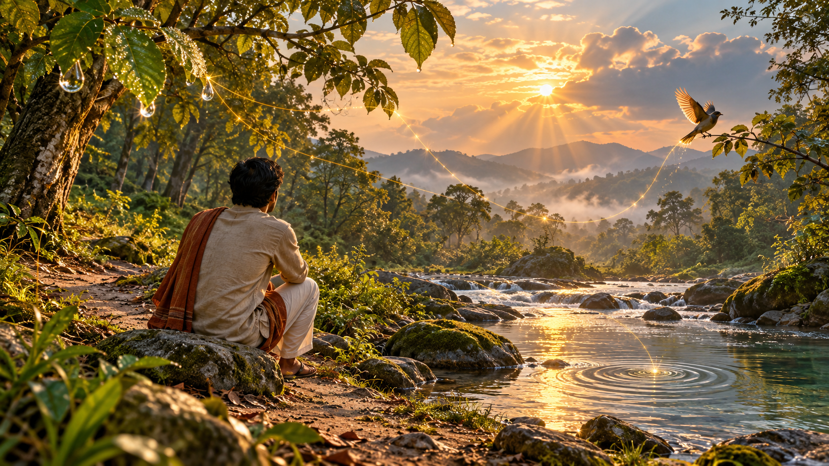 A devotee on a forest path watches sunlight, a bird, dew-covered leaves, and ripples in a stream connected by subtle golden light.