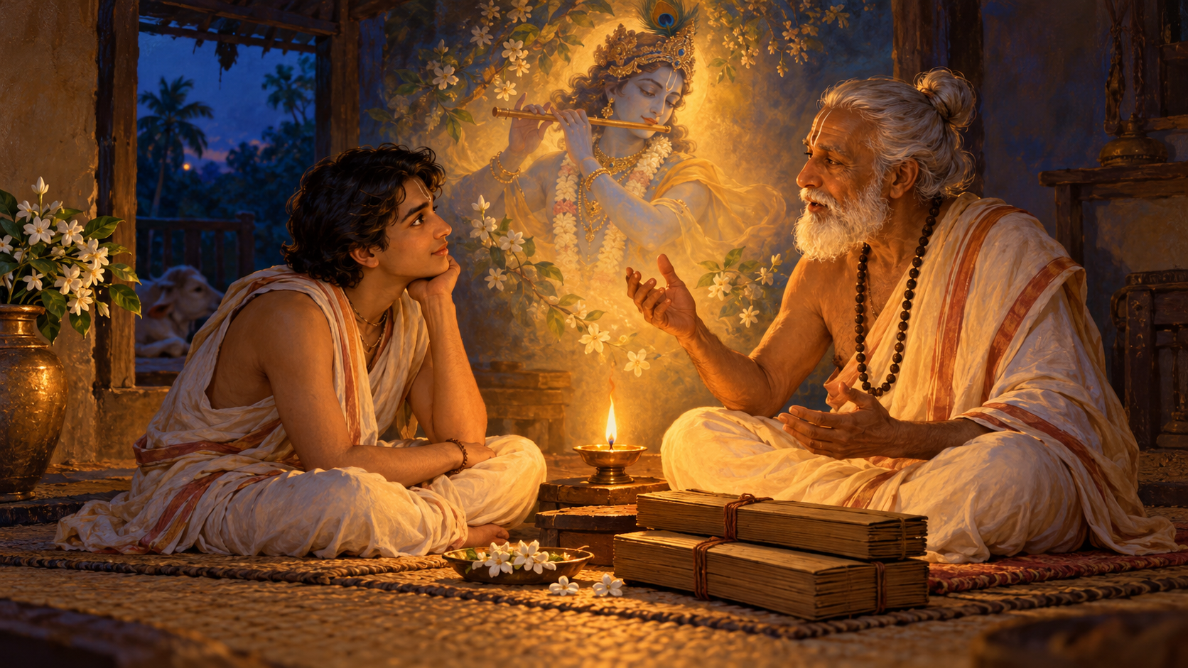 A seated practitioner listens to an elder by an oil lamp while a subtle image of Krishna with a flute appears in the warm light behind them.