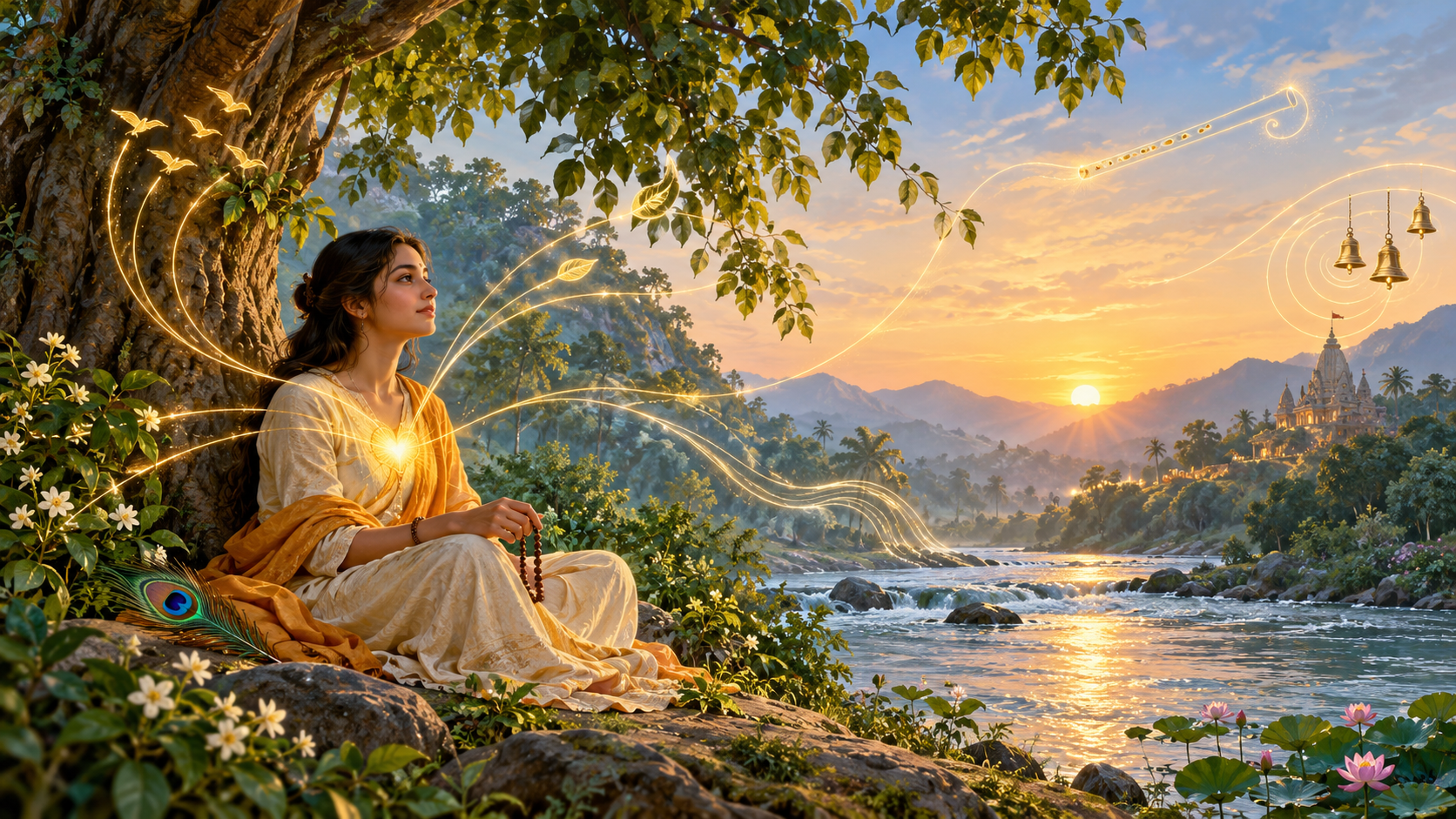 A devotee meditates with prayer beads beneath a riverside tree as golden arcs connect birds, water, leaves, and the light around the heart.