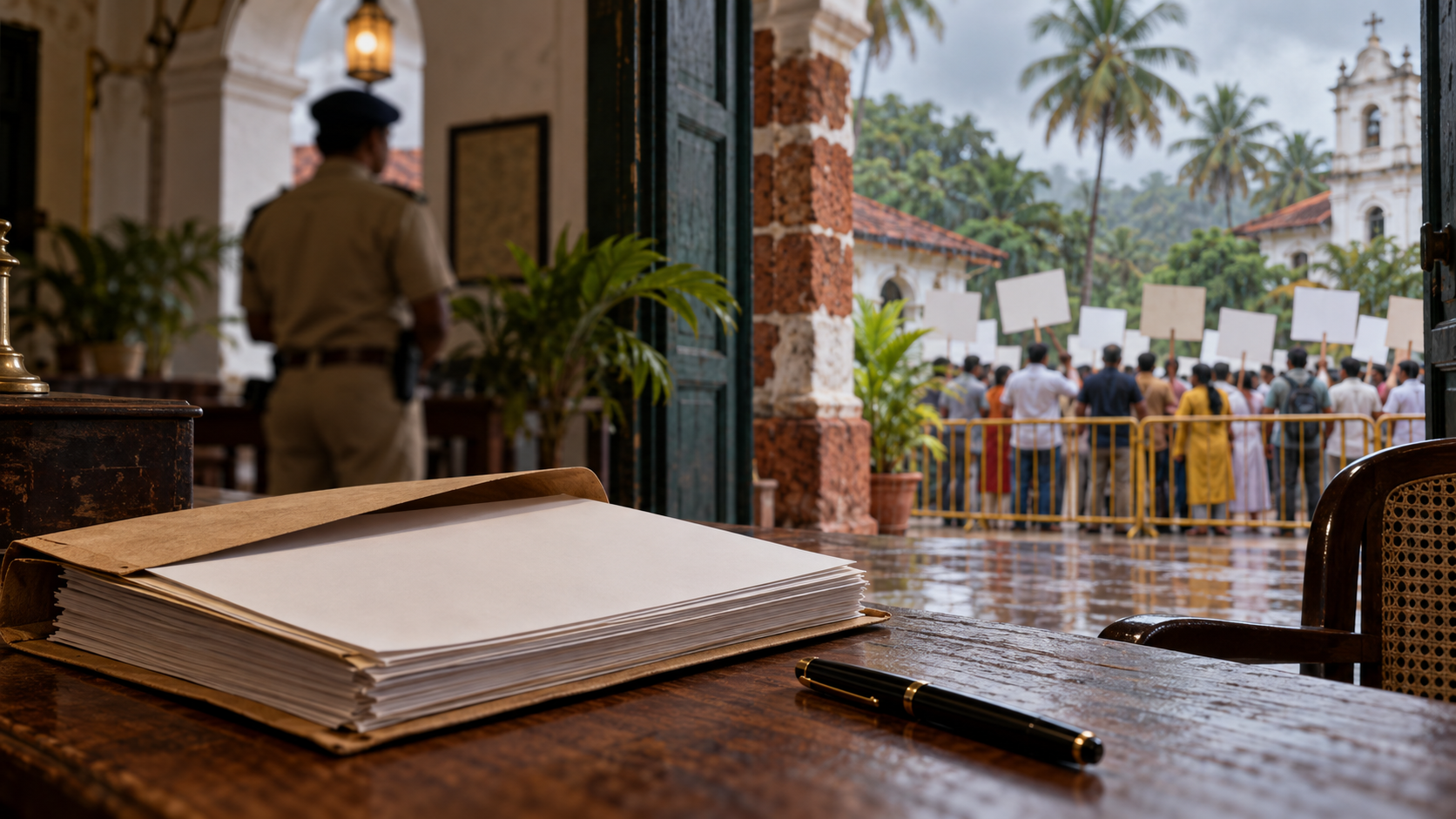 A blank police case file on a desk, with an anonymous officer and a peaceful crowd holding blank placards outside a Goan building.
