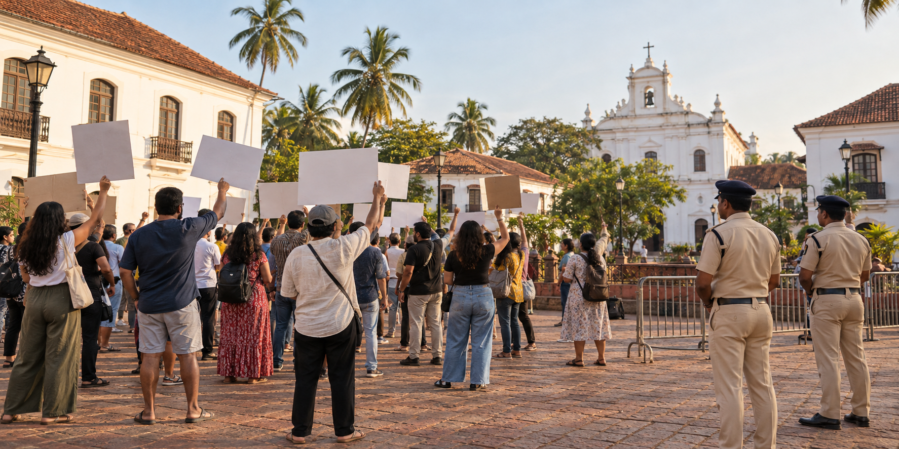 Anonymous protesters with blank placards gather in a Goan civic square while two police officers observe from a distance.