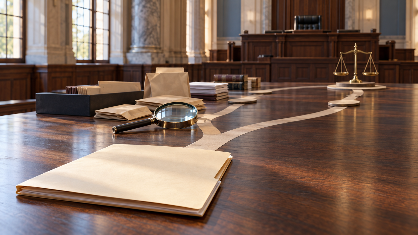 A blank case file leads along a branching path toward investigation tools and distant scales of justice.