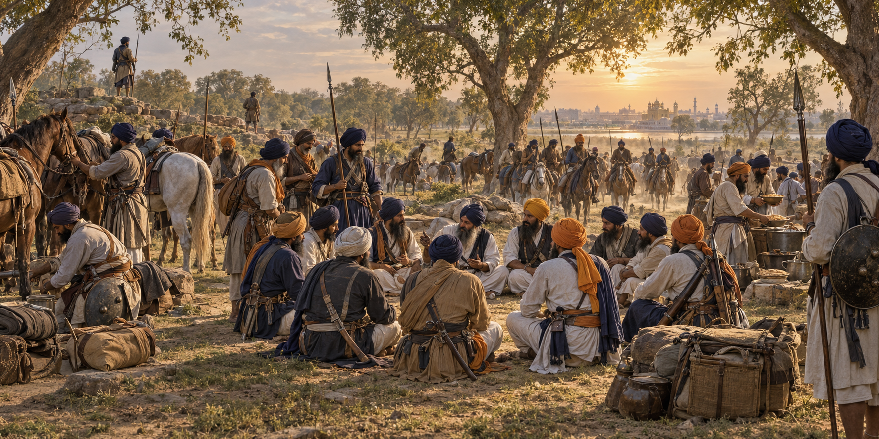 Eighteenth-century Sikh riders and community members assemble in a Punjab grove, forming a council circle while tending horses and distributing supplies.