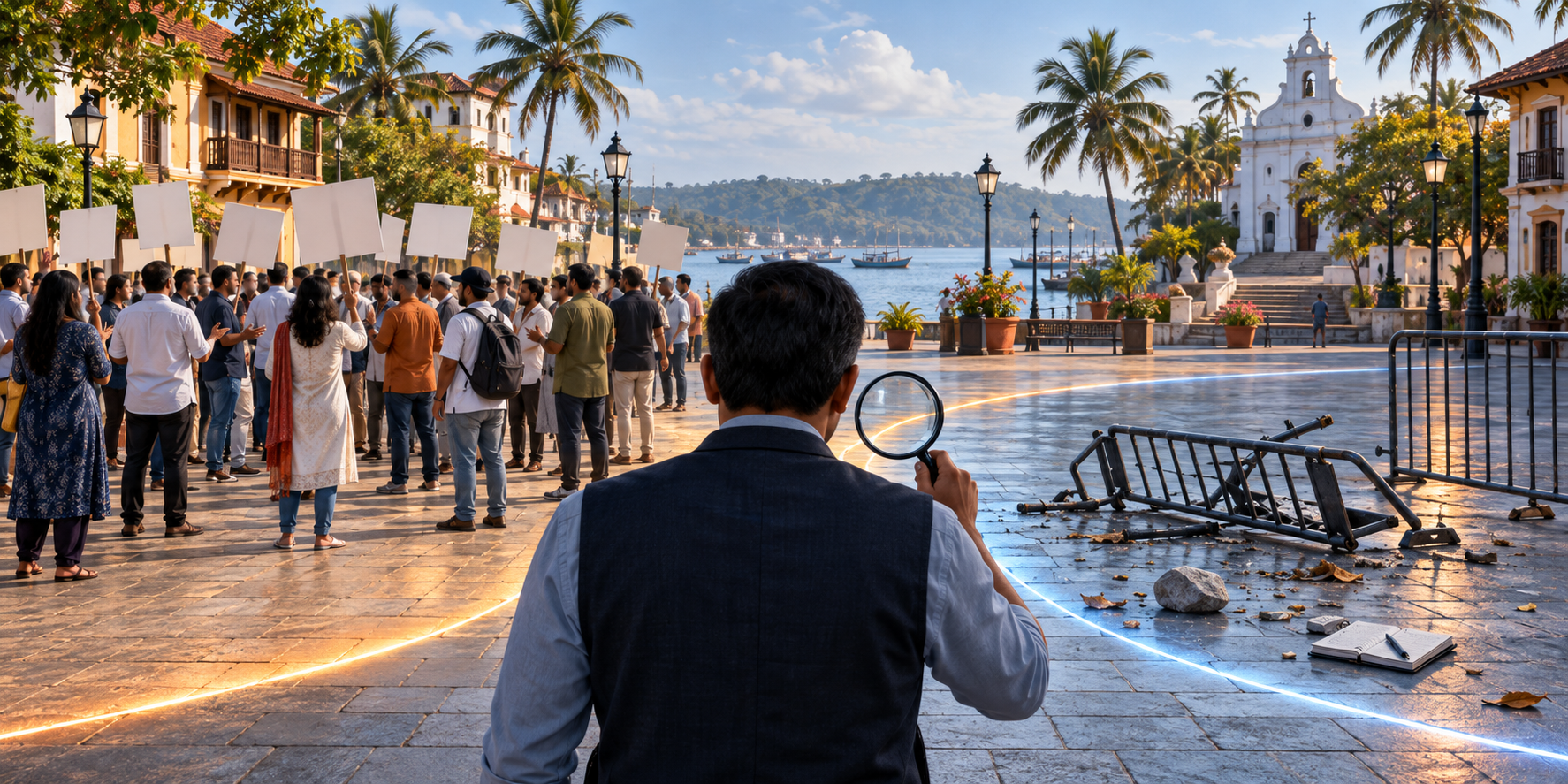 An investigator examines an orderly gathering and a separate area containing a broken barrier and other potential evidence.
