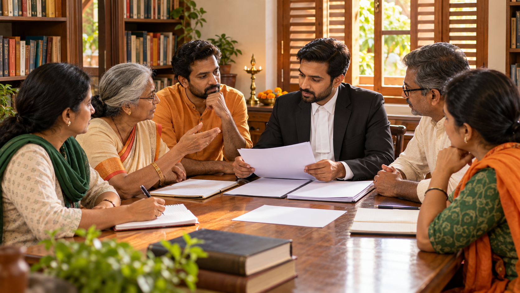 A multigenerational Indian community group calmly reviews blank documents with a lawyer at a library table.