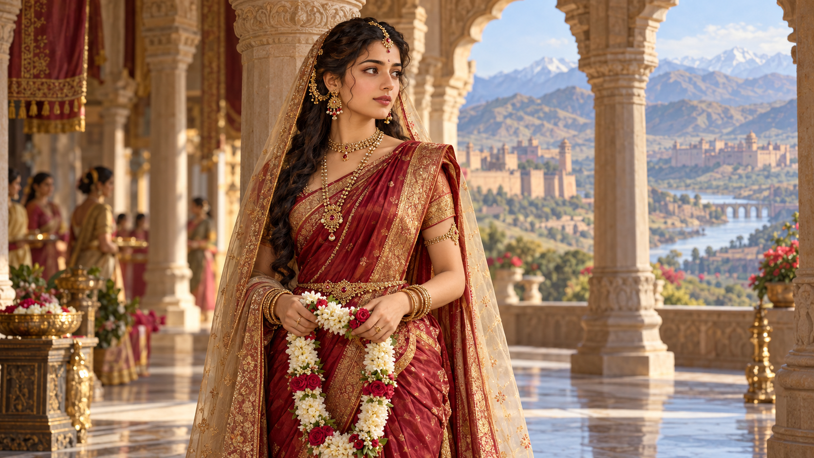 Princess Lakshmana of Madra stands in a palace gallery holding a ceremonial flower garland before her swayamvara.