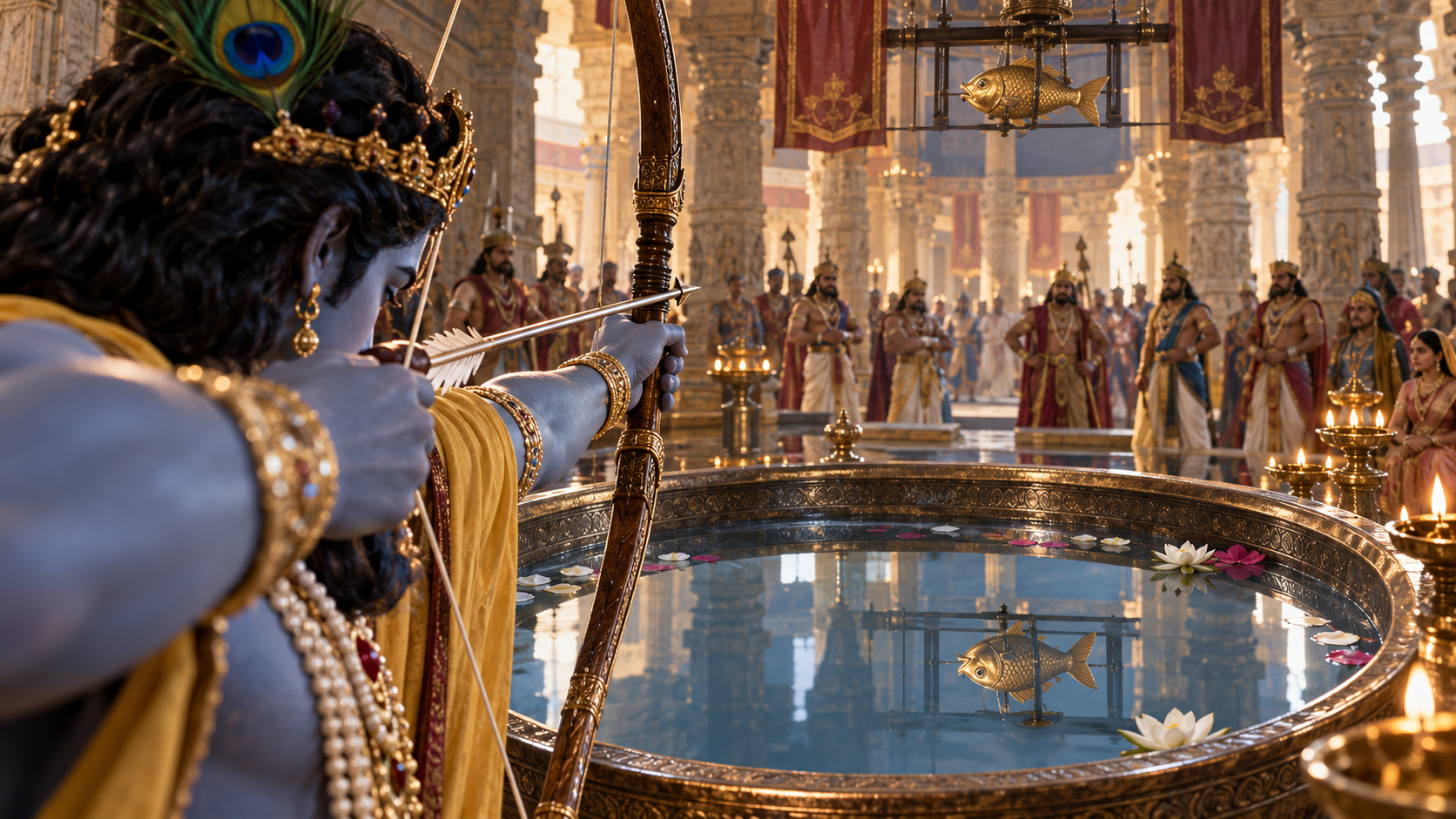Krishna aims an arrow upward while using the fish target's reflection in a basin of water below.