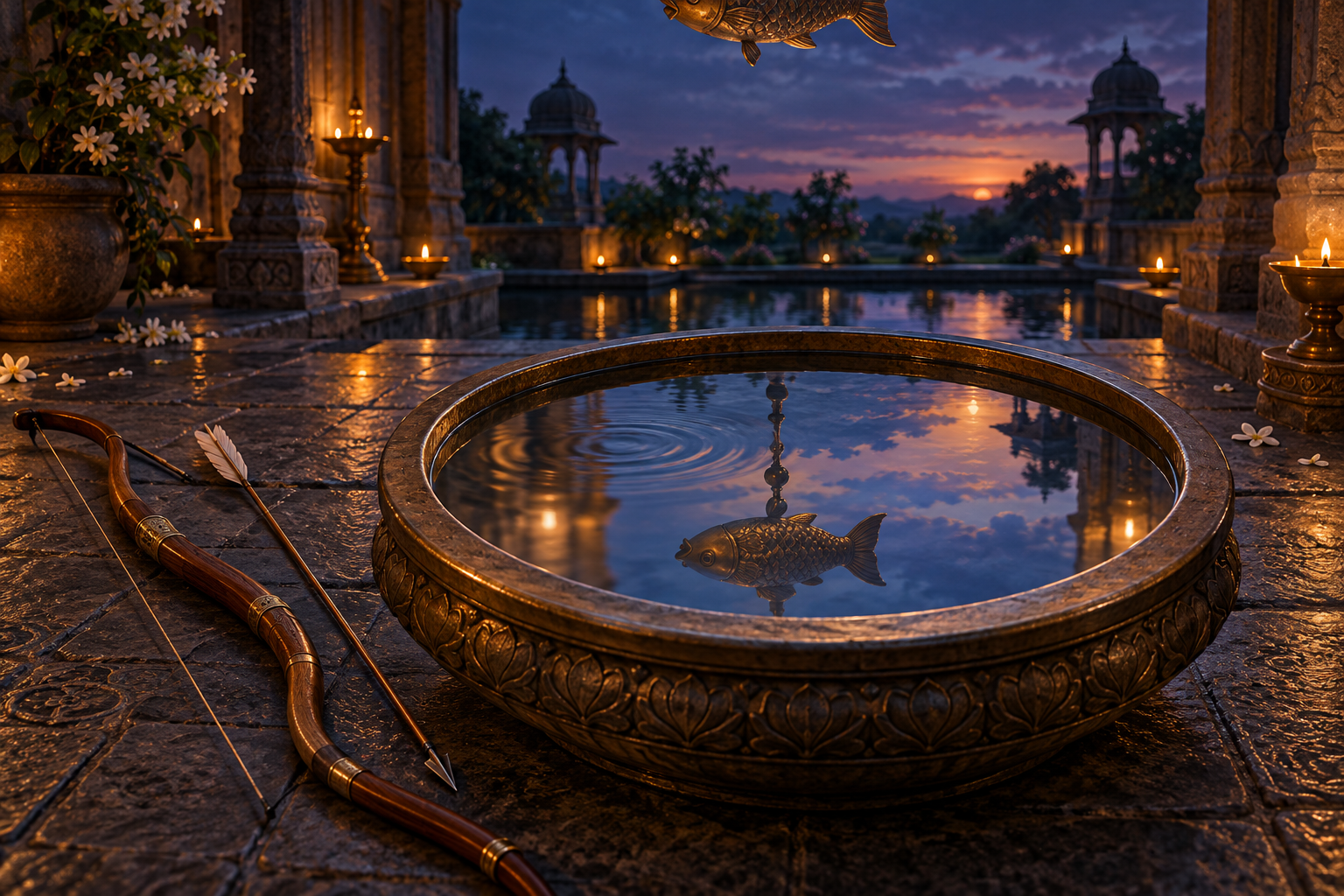 A bow and arrow rest beside a still water basin reflecting a suspended fish target in a quiet palace courtyard.