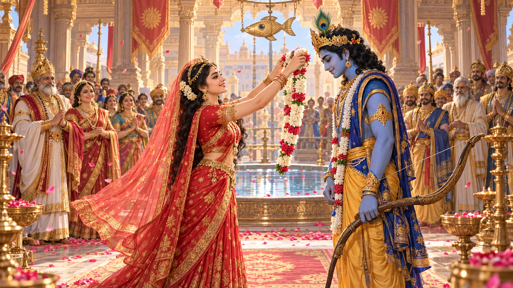 Princess Lakshmana steps forward to offer a flower garland to Krishna after he completes the reflection-based archery test.