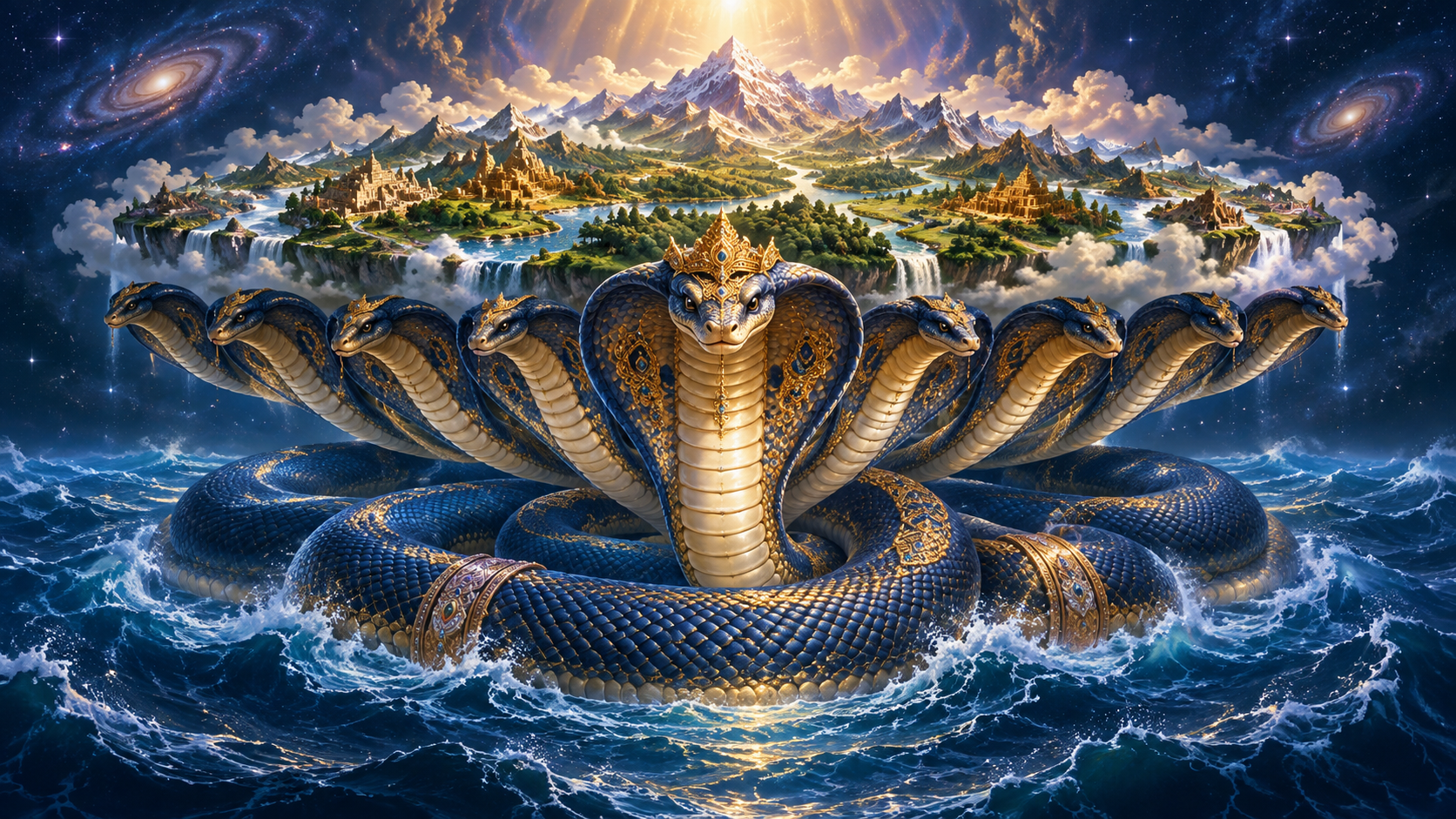 Many-hooded Shesha calmly supports a luminous world of mountains, forests, and rivers above a cosmic ocean.