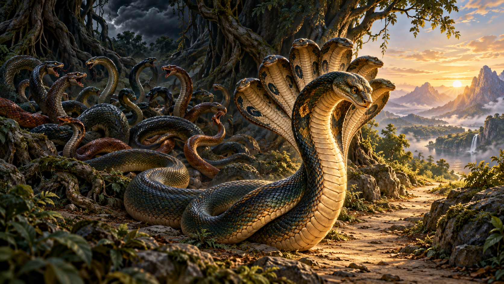 Shesha turns away from a disorderly gathering of serpent kin and follows a dawn-lit path toward the mountains.